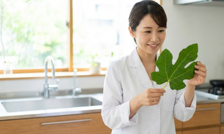 管理栄養士がいちじくの葉の効能を解説。大きな青いイチジクの葉を大切に持つ笑顔の専門家。
